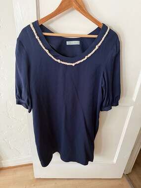 Geren Ford Navy Blue Silk Short Sleeve Mini Dress with Braided Neckline Detail